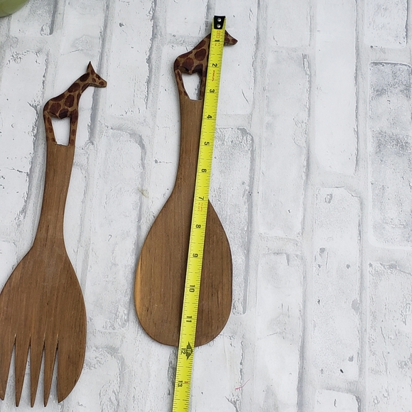 African Hardwood Teak Spoon Fork Spatula Giraffe Handle Salad Serving Set - Picture 5 of 6